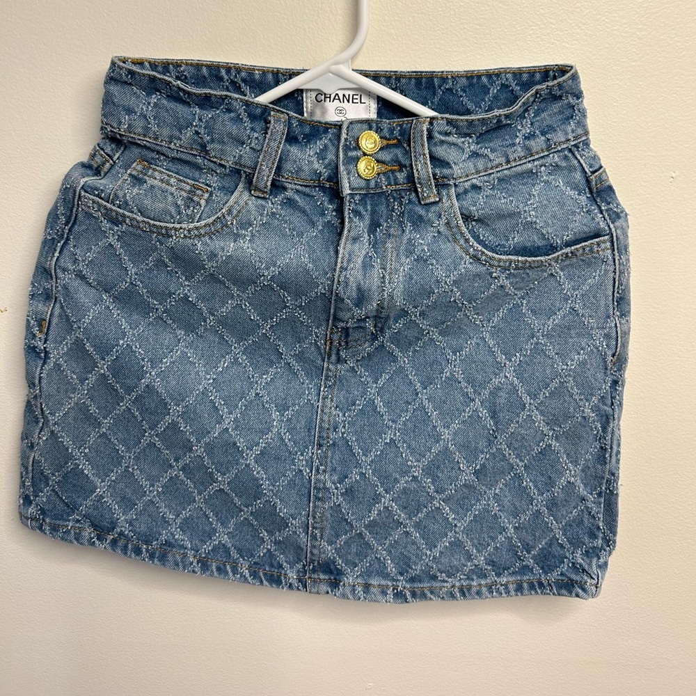 CHANEL Blue Quilted Denim Mini Skirt with Gold Buttons